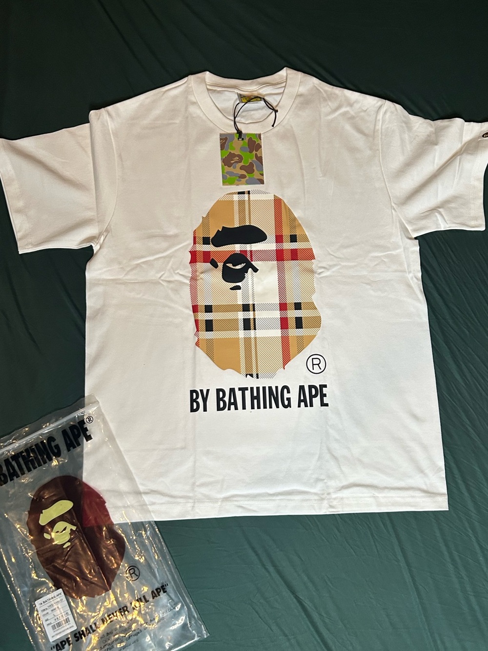 Bape White Tee with Beige Plaid Ape Head